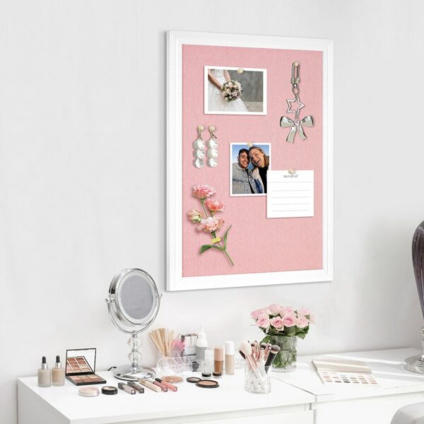 Wood Bulletin Linen Wall Bulletin Board 18″x 24″ Decorative Hanging Pin Board, Pink Frame Cork Board Light Bulletin Boards for Wall Decor for Home Kitchen Office, Pink Wood Frame