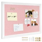 Pink Bulletin Board Pink Cork Board with Linen, Wood Framed 18″x 24″ Corkboard Bulletin Board for Wall Decor, Wall Mounted Pin Board Picture Board, White Wood Frame