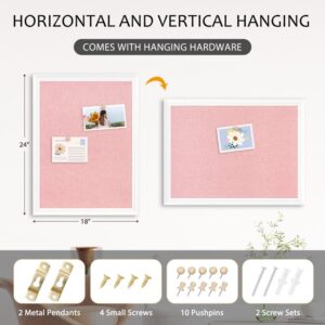 Pink Bulletin Board Pink Cork Board with Linen, Wood Framed 18″x 24″ Corkboard Bulletin Board for Wall Decor, Wall Mounted Pin Board Picture Board, White Wood Frame