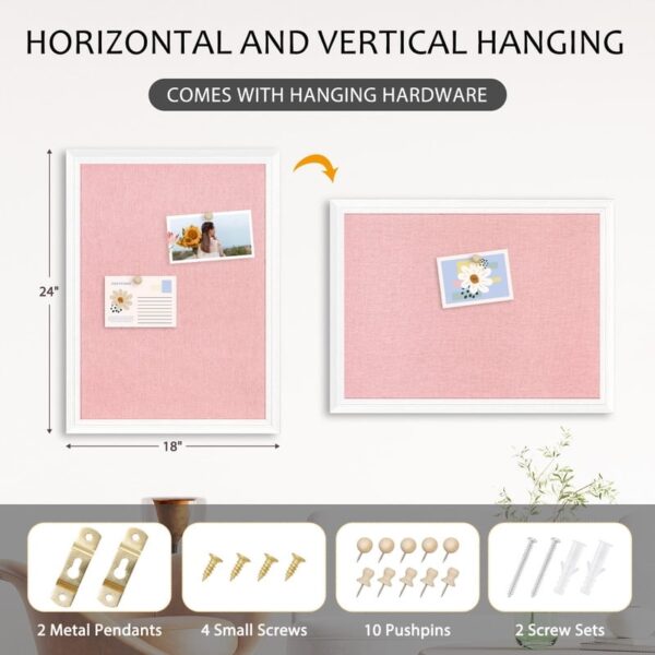 Pink Bulletin Board Pink Cork Board with Linen, Wood Framed 18″x 24″ Corkboard Bulletin Board for Wall Decor, Wall Mounted Pin Board Picture Board, White Wood Frame