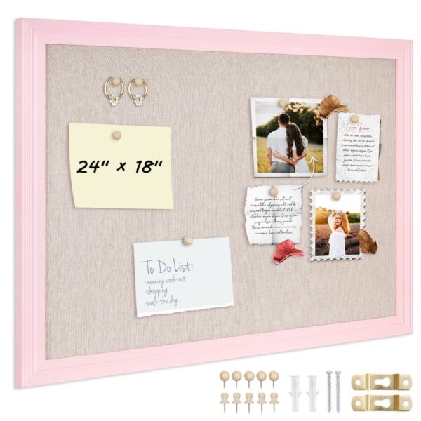 Pink Bulletin Board Pink Cork Board with Linen, Wood Framed 18″x 24″ Corkboard Bulletin Board for Wall Decor, Wall Mounted Pin Board Picture Board, White Wood Frame