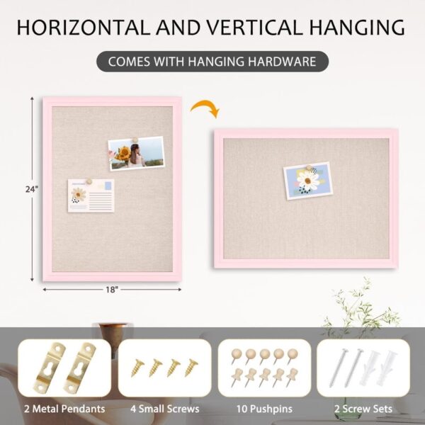 Pink Bulletin Board Pink Cork Board with Linen, Wood Framed 18″x 24″ Corkboard Bulletin Board for Wall Decor, Wall Mounted Pin Board Picture Board, White Wood Frame