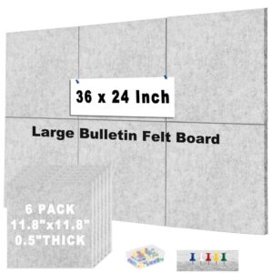 Cork Board Felt Board Tiles for Walls with 60 Push Pins, 11.8″x11.8″ Pack of 6 Pin Board Notice Boards for Home Office Kitchen, Bulletin Board Wall Tiles for Photos Memos, Light Grey