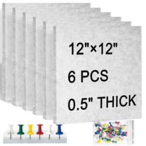 Cork Board Felt Board Tiles for Walls with 60 Push Pins, 11.8″x11.8″ Pack of 6 Pin Board Notice Boards for Home Office Kitchen, Bulletin Board Wall Tiles for Photos Memos, Light Grey