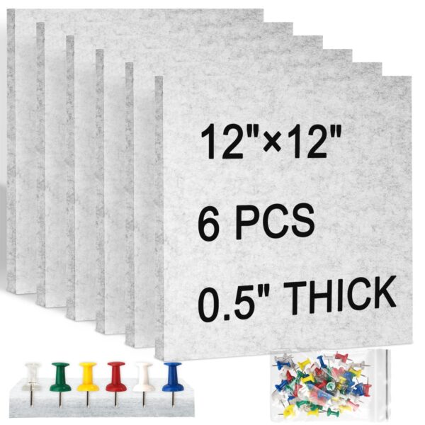 Cork Board Felt Board Tiles for Walls with 60 Push Pins, 11.8″x11.8″ Pack of 6 Pin Board Notice Boards for Home Office Kitchen, Bulletin Board Wall Tiles for Photos Memos, Light Grey