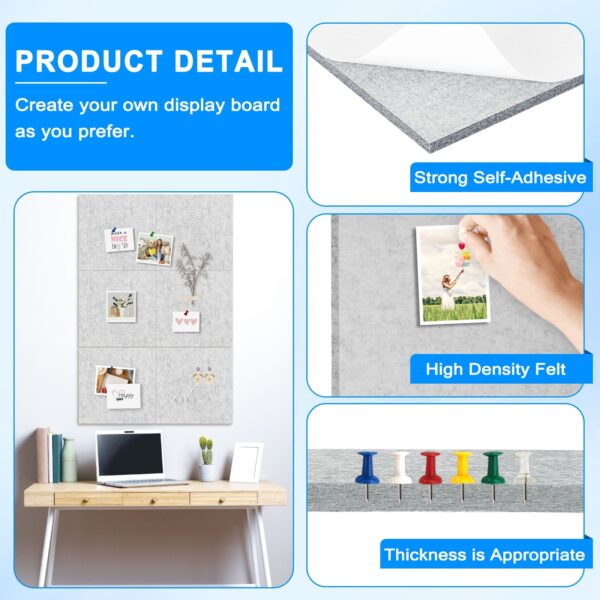 Cork Board Felt Board Tiles for Walls with 60 Push Pins, 11.8″x11.8″ Pack of 6 Pin Board Notice Boards for Home Office Kitchen, Bulletin Board Wall Tiles for Photos Memos, Light Grey