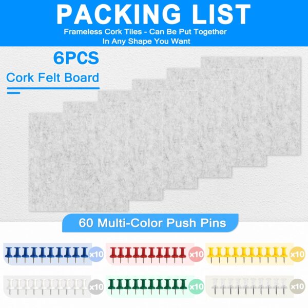 Cork Board Felt Board Tiles for Walls with 60 Push Pins, 11.8″x11.8″ Pack of 6 Pin Board Notice Boards for Home Office Kitchen, Bulletin Board Wall Tiles for Photos Memos, Light Grey