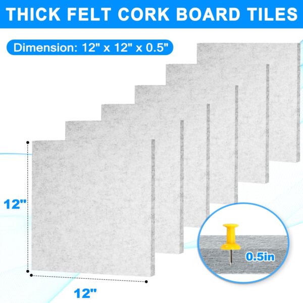 Cork Board Felt Board Tiles for Walls with 60 Push Pins, 11.8″x11.8″ Pack of 6 Pin Board Notice Boards for Home Office Kitchen, Bulletin Board Wall Tiles for Photos Memos, Light Grey