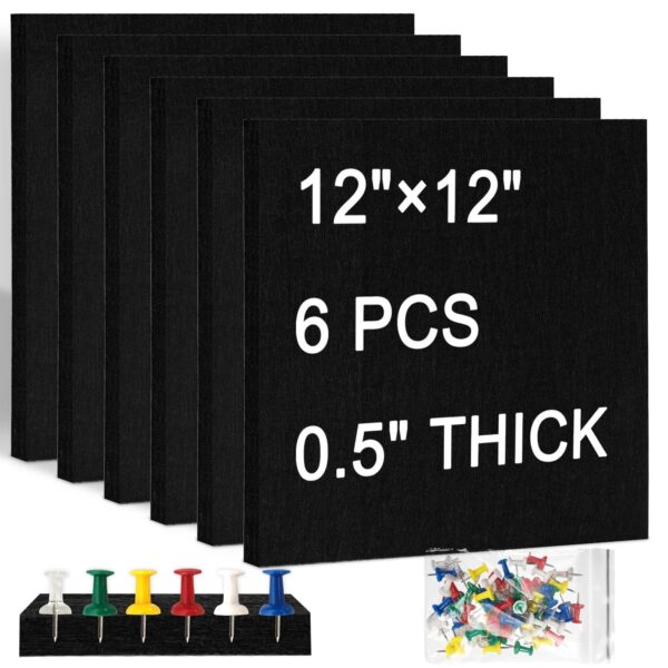Cork Board Felt Board Tiles for Walls with 60 Push Pins, 11.8″x11.8″ Pack of 6 Pin Board Notice Boards for Home Office Kitchen, Bulletin Board Wall Tiles for Photos Memos, Light Grey