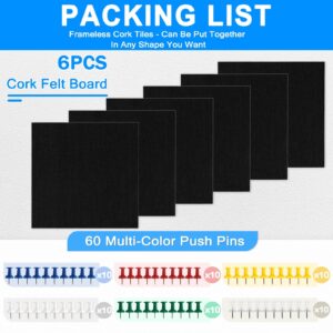 Cork Board Felt Board Tiles for Walls with 60 Push Pins, 11.8″x11.8″ Pack of 6 Pin Board Notice Boards for Home Office Kitchen, Bulletin Board Wall Tiles for Photos Memos, Light Grey