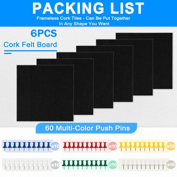 Cork Board Felt Board Tiles for Walls with 60 Push Pins, 11.8″x11.8″ Pack of 6 Pin Board Notice Boards for Home Office Kitchen, Bulletin Board Wall Tiles for Photos Memos, Light Grey