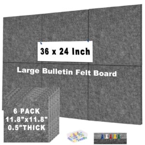 Cork Board Felt Board Tiles for Walls with 60 Push Pins, 11.8″x11.8″ Pack of 6 Pin Board Notice Boards for Home Office Kitchen, Bulletin Board Wall Tiles for Photos Memos, Light Grey