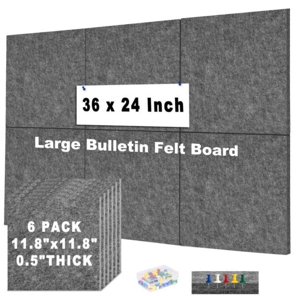 Cork Board Felt Board Tiles for Walls with 60 Push Pins, 11.8″x11.8″ Pack of 6 Pin Board Notice Boards for Home Office Kitchen, Bulletin Board Wall Tiles for Photos Memos, Light Grey