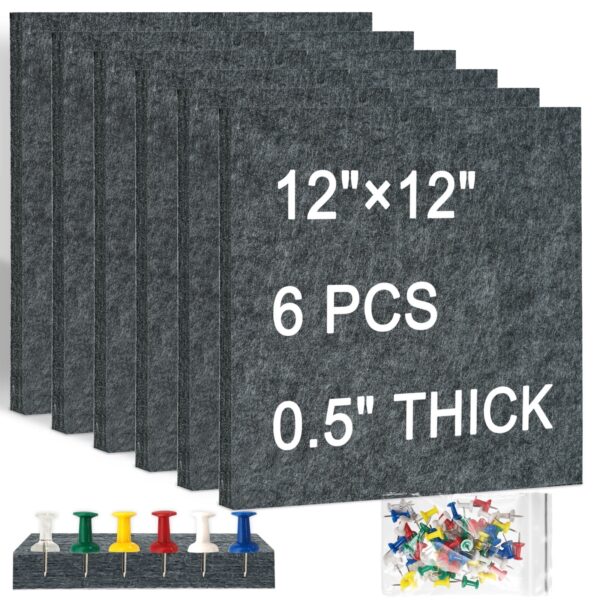 Cork Board Felt Board Tiles for Walls with 60 Push Pins, 11.8″x11.8″ Pack of 6 Pin Board Notice Boards for Home Office Kitchen, Bulletin Board Wall Tiles for Photos Memos, Light Grey