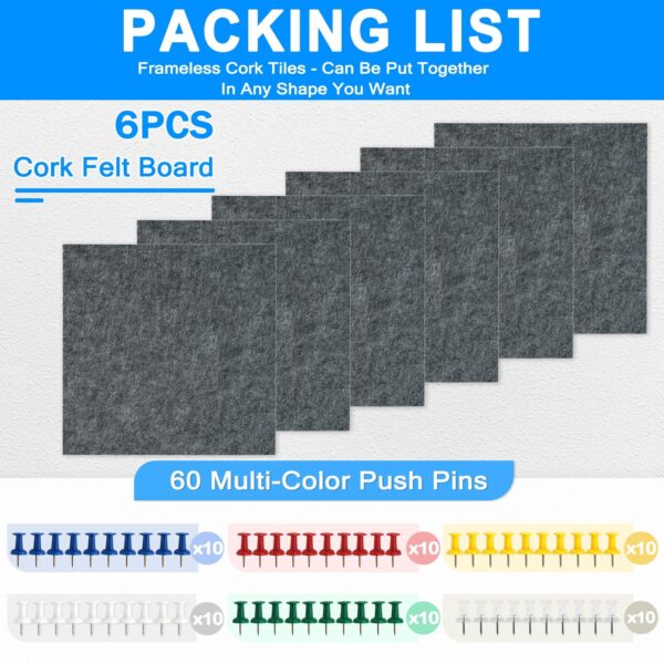 Cork Board Felt Board Tiles for Walls with 60 Push Pins, 11.8″x11.8″ Pack of 6 Pin Board Notice Boards for Home Office Kitchen, Bulletin Board Wall Tiles for Photos Memos, Light Grey