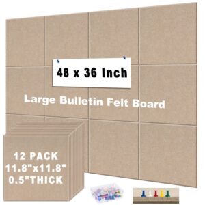 Cork Board Felt Board Tiles for Walls with 60 Push Pins, 11.8″x11.8″ Pack of 6 Pin Board Notice Boards for Home Office Kitchen, Bulletin Board Wall Tiles for Photos Memos, Light Grey