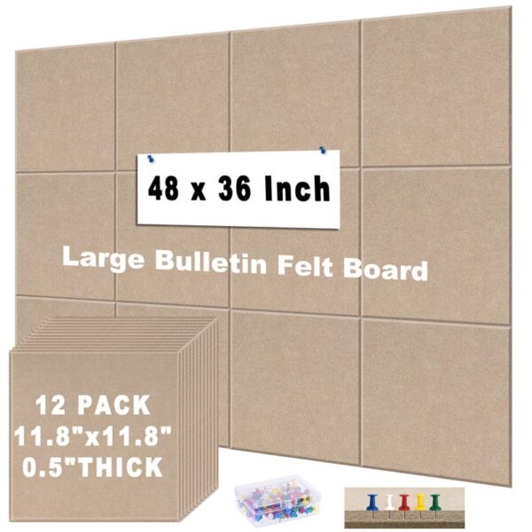 Cork Board Felt Board Tiles for Walls with 60 Push Pins, 11.8″x11.8″ Pack of 6 Pin Board Notice Boards for Home Office Kitchen, Bulletin Board Wall Tiles for Photos Memos, Light Grey