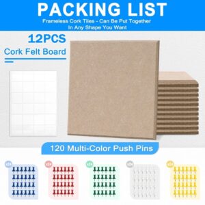 Cork Board Felt Board Tiles for Walls with 60 Push Pins, 11.8″x11.8″ Pack of 6 Pin Board Notice Boards for Home Office Kitchen, Bulletin Board Wall Tiles for Photos Memos, Light Grey