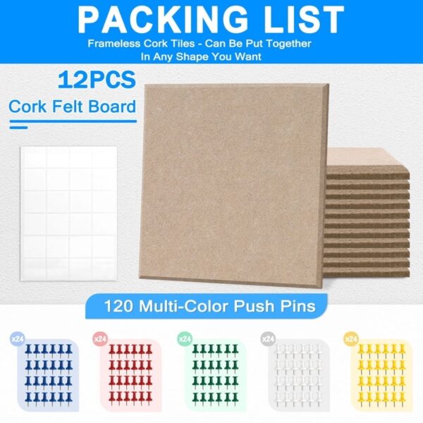 Cork Board Felt Board Tiles for Walls with 60 Push Pins, 11.8″x11.8″ Pack of 6 Pin Board Notice Boards for Home Office Kitchen, Bulletin Board Wall Tiles for Photos Memos, Light Grey
