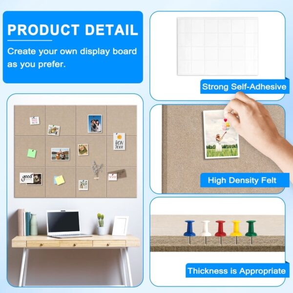 Cork Board Felt Board Tiles for Walls with 60 Push Pins, 11.8″x11.8″ Pack of 6 Pin Board Notice Boards for Home Office Kitchen, Bulletin Board Wall Tiles for Photos Memos, Light Grey
