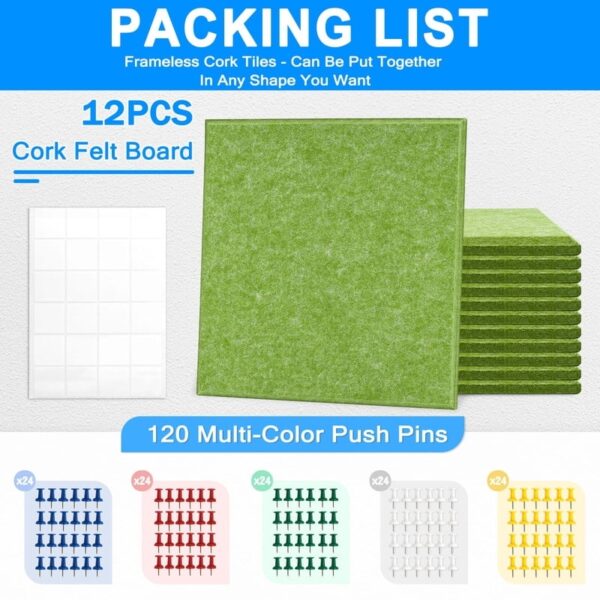 Cork Board Felt Board Tiles for Walls with 60 Push Pins, 11.8″x11.8″ Pack of 6 Pin Board Notice Boards for Home Office Kitchen, Bulletin Board Wall Tiles for Photos Memos, Light Grey
