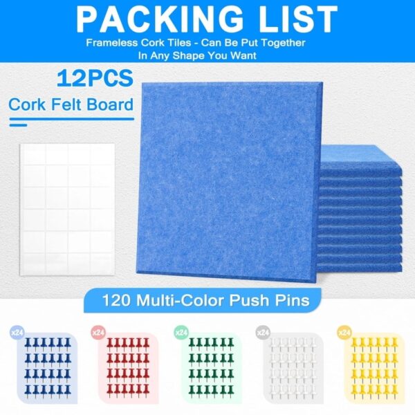 Cork Board Felt Board Tiles for Walls with 60 Push Pins, 11.8″x11.8″ Pack of 6 Pin Board Notice Boards for Home Office Kitchen, Bulletin Board Wall Tiles for Photos Memos, Light Grey
