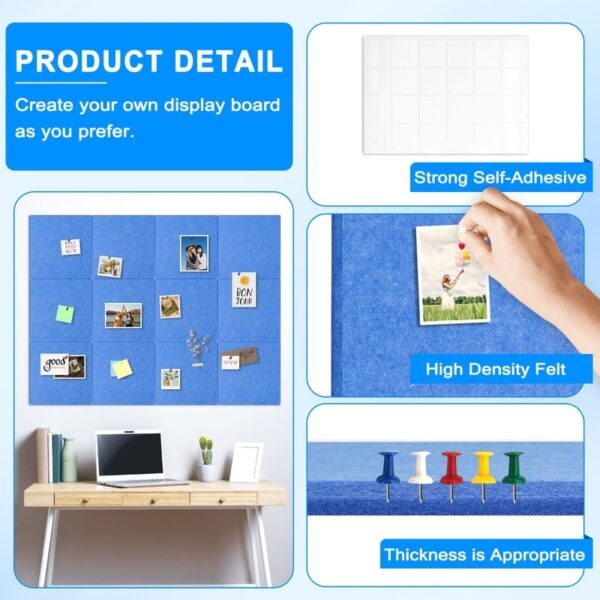 Cork Board Felt Board Tiles for Walls with 60 Push Pins, 11.8″x11.8″ Pack of 6 Pin Board Notice Boards for Home Office Kitchen, Bulletin Board Wall Tiles for Photos Memos, Light Grey