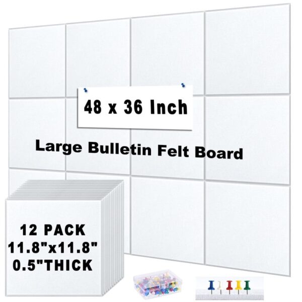 Cork Board Felt Board Tiles for Walls with 60 Push Pins, 11.8″x11.8″ Pack of 6 Pin Board Notice Boards for Home Office Kitchen, Bulletin Board Wall Tiles for Photos Memos, Light Grey