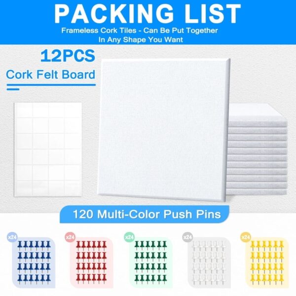 Cork Board Felt Board Tiles for Walls with 60 Push Pins, 11.8″x11.8″ Pack of 6 Pin Board Notice Boards for Home Office Kitchen, Bulletin Board Wall Tiles for Photos Memos, Light Grey