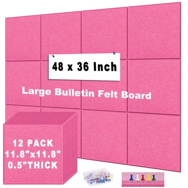 Cork Board Felt Board Tiles for Walls with 60 Push Pins, 11.8″x11.8″ Pack of 6 Pin Board Notice Boards for Home Office Kitchen, Bulletin Board Wall Tiles for Photos Memos, Light Grey