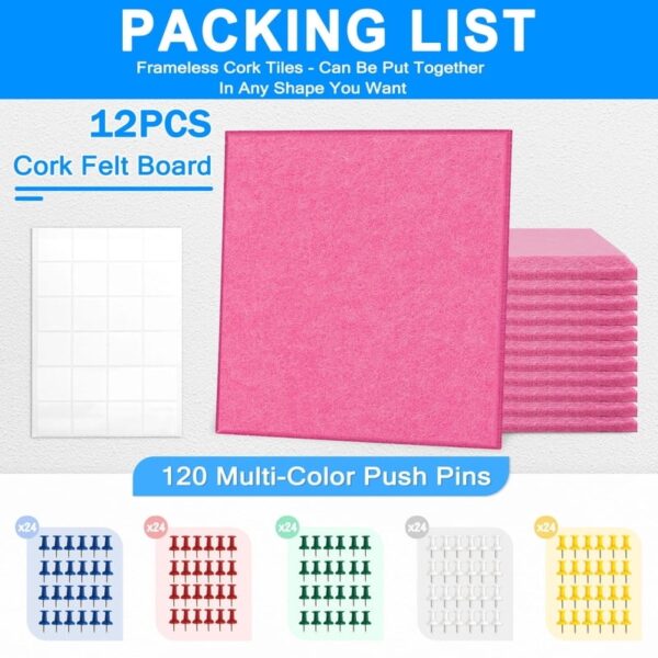 Cork Board Felt Board Tiles for Walls with 60 Push Pins, 11.8″x11.8″ Pack of 6 Pin Board Notice Boards for Home Office Kitchen, Bulletin Board Wall Tiles for Photos Memos, Light Grey